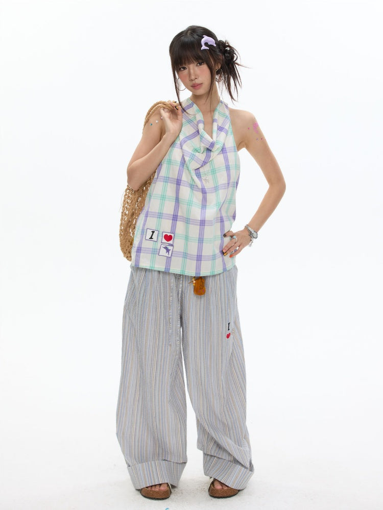 Relaxed Striped Embroidery I Love Kitten Shirt Pants【s0000017365】