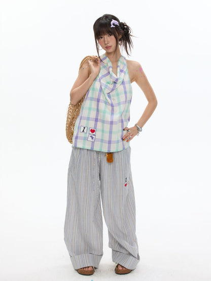 Relaxed Striped Embroidery I Love Kitten Shirt Pants【s0000017365】