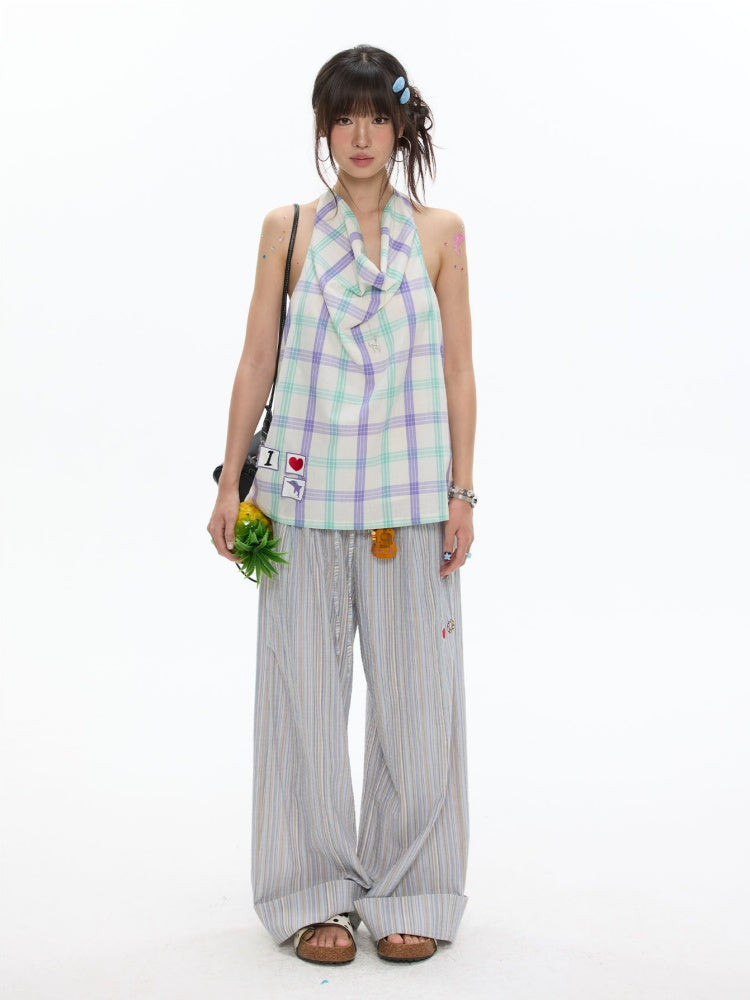 Relaxed Striped Embroidery I Love Kitten Shirt Pants【s0000017365】