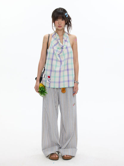 Relaxed Striped Embroidery I Love Kitten Shirt Pants【s0000017365】