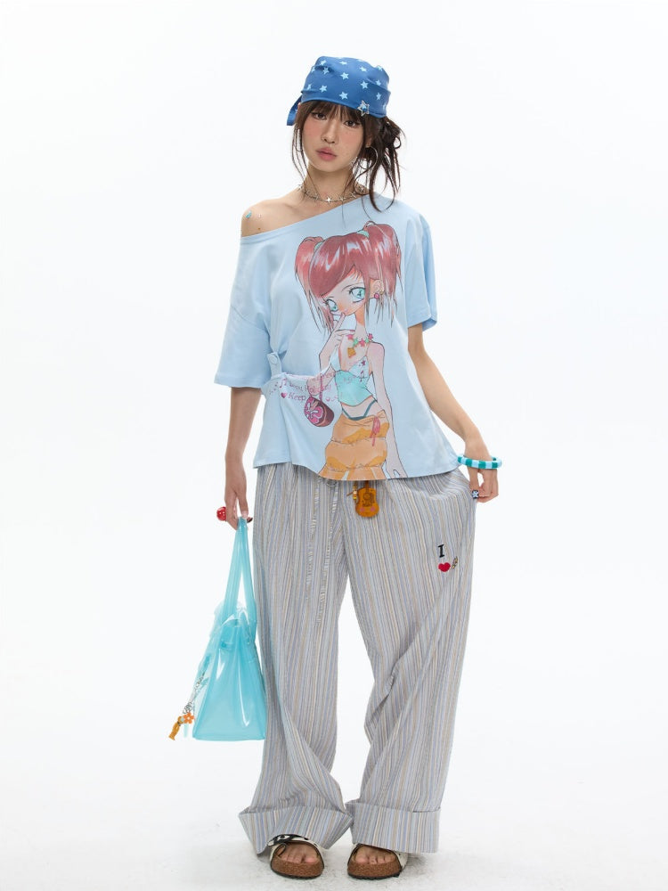Relaxed Striped Embroidery I Love Kitten Shirt Pants【s0000017365】