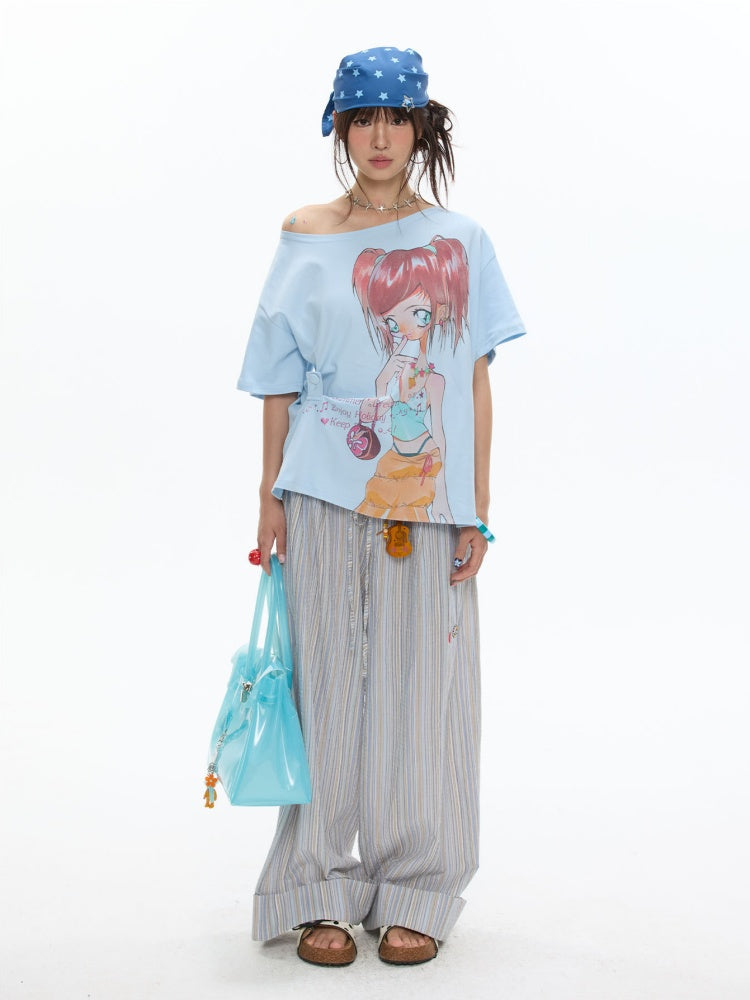 Relaxed Striped Embroidery I Love Kitten Shirt Pants【s0000017365】