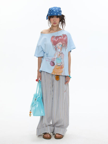 Relaxed Striped Embroidery I Love Kitten Shirt Pants【s0000017365】