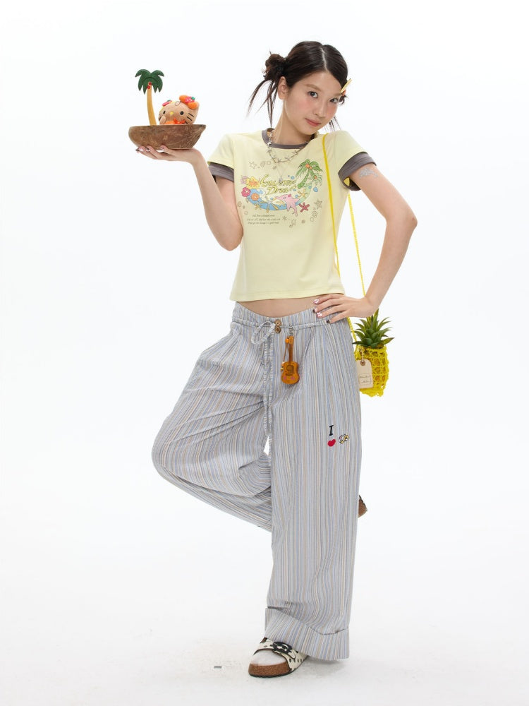 Relaxed Striped Embroidery I Love Kitten Shirt Pants【s0000017365】