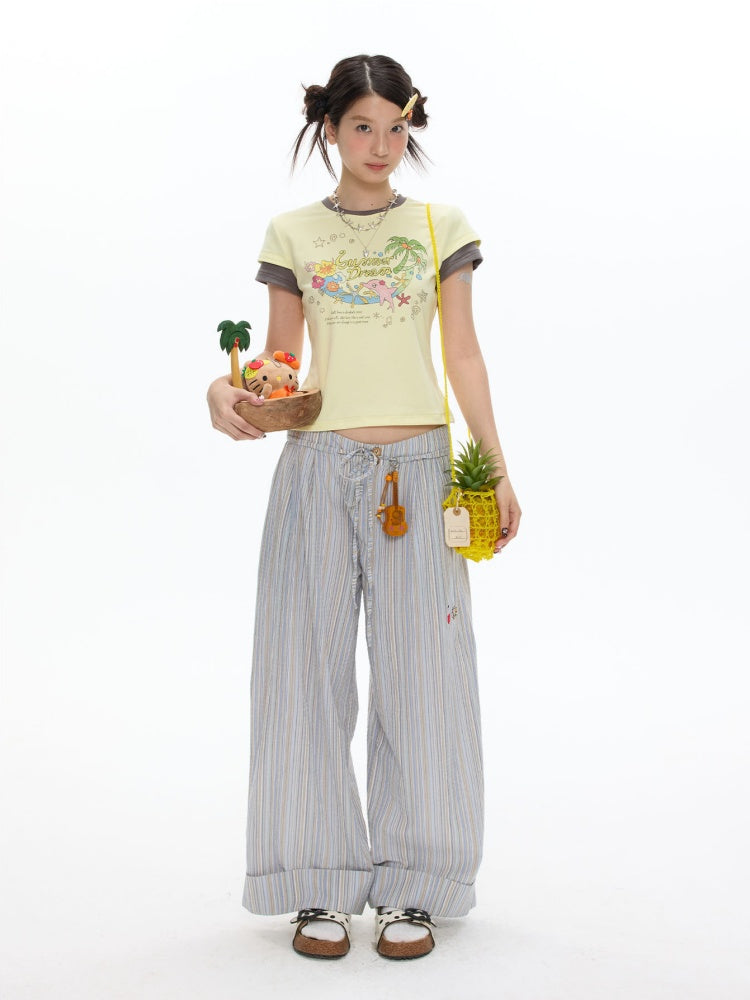 Relaxed Striped Embroidery I Love Kitten Shirt Pants【s0000017365】