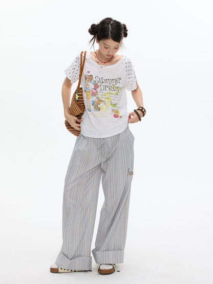 Relaxed Striped Embroidery I Love Kitten Shirt Pants【s0000017365】