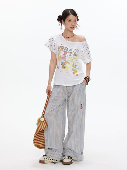 Relaxed Striped Embroidery I Love Kitten Shirt Pants【s0000017365】