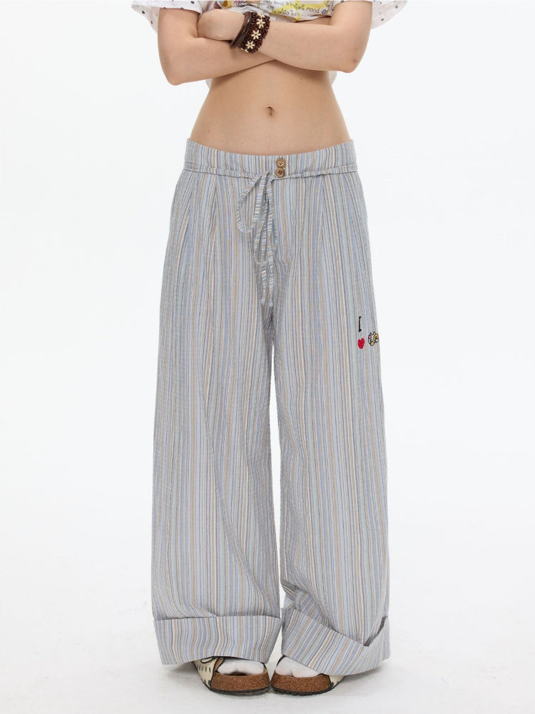 Relaxed Striped Embroidery I Love Kitten Shirt Pants【s0000017365】