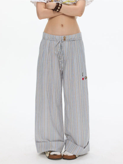 Relaxed Striped Embroidery I Love Kitten Shirt Pants【s0000017365】
