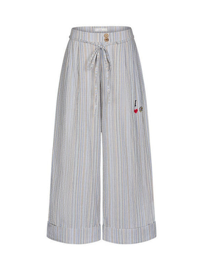 Relaxed Striped Embroidery I Love Kitten Shirt Pants【s0000017365】
