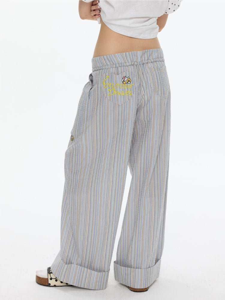 Relaxed Striped Embroidery I Love Kitten Shirt Pants【s0000017365】