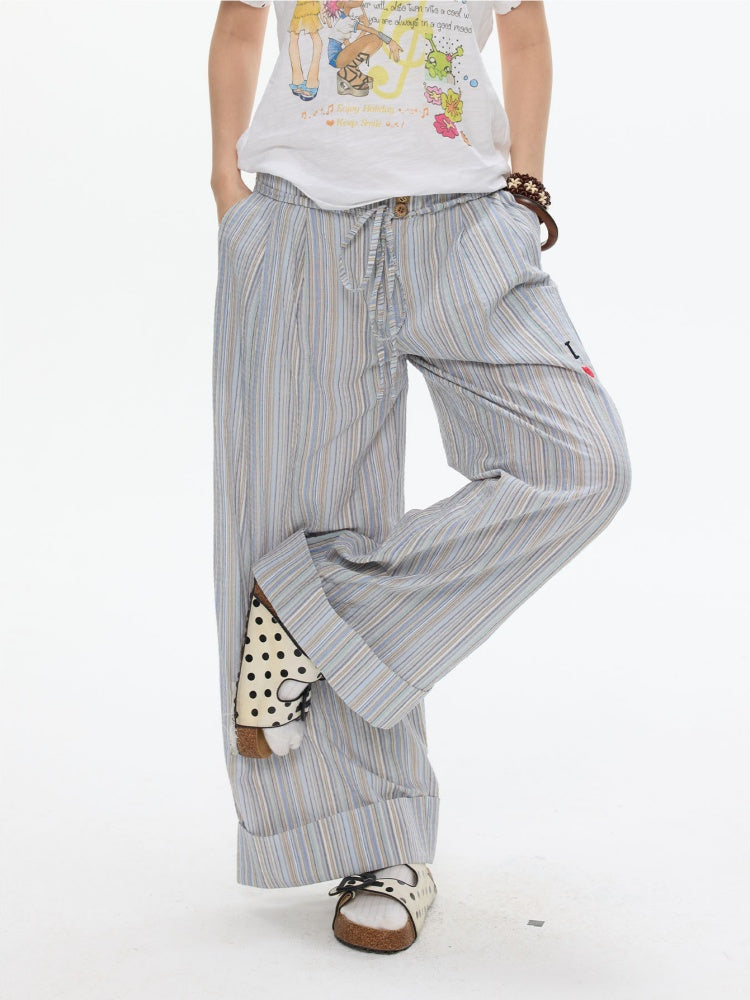 Relaxed Striped Embroidery I Love Kitten Shirt Pants【s0000017365】