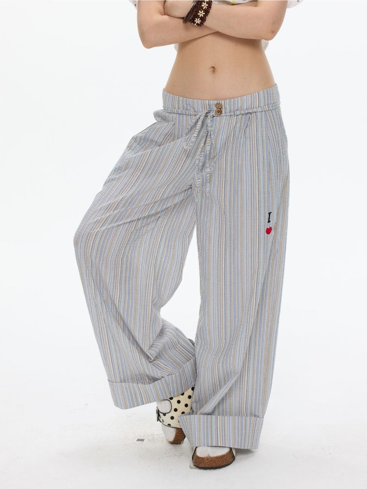 Relaxed Striped Embroidery I Love Kitten Shirt Pants【s0000017365】