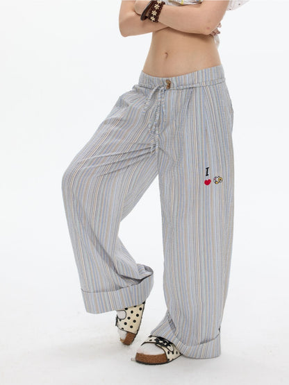 Relaxed Striped Embroidery I Love Kitten Shirt Pants【s0000017365】