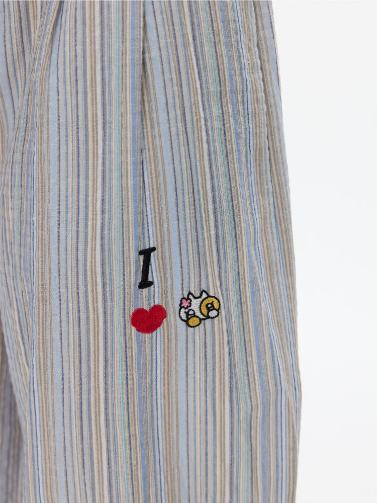 Relaxed Striped Embroidery I Love Kitten Shirt Pants【s0000017365】