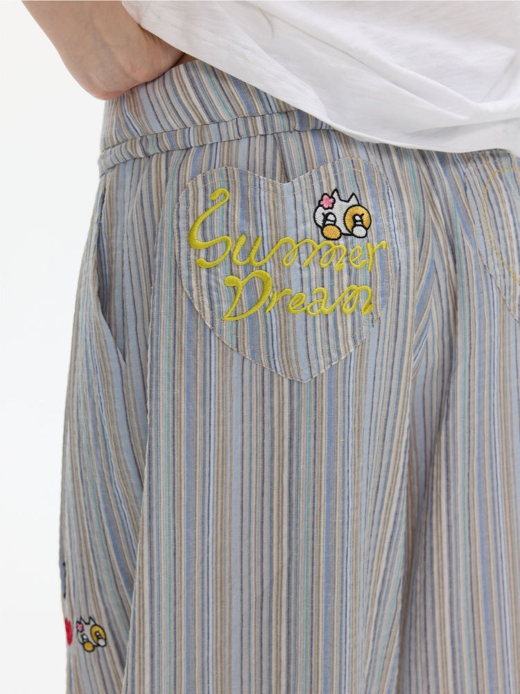 Relaxed Striped Embroidery I Love Kitten Shirt Pants【s0000017365】