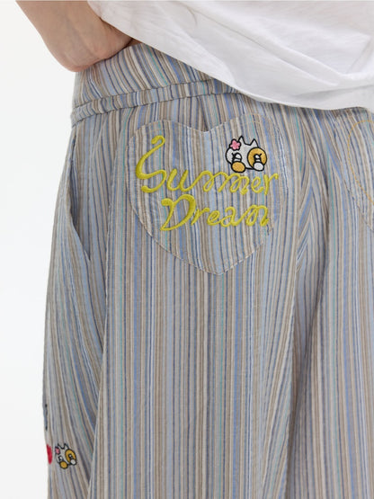 Relaxed Striped Embroidery I Love Kitten Shirt Pants【s0000017365】