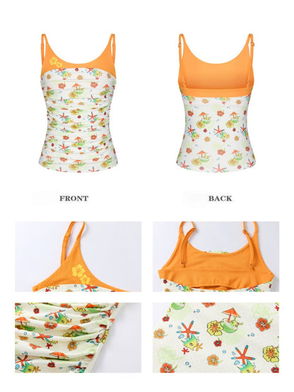 Hawaiian Pleated Spliced Contrasting Full Print Camisole【s0000017367】