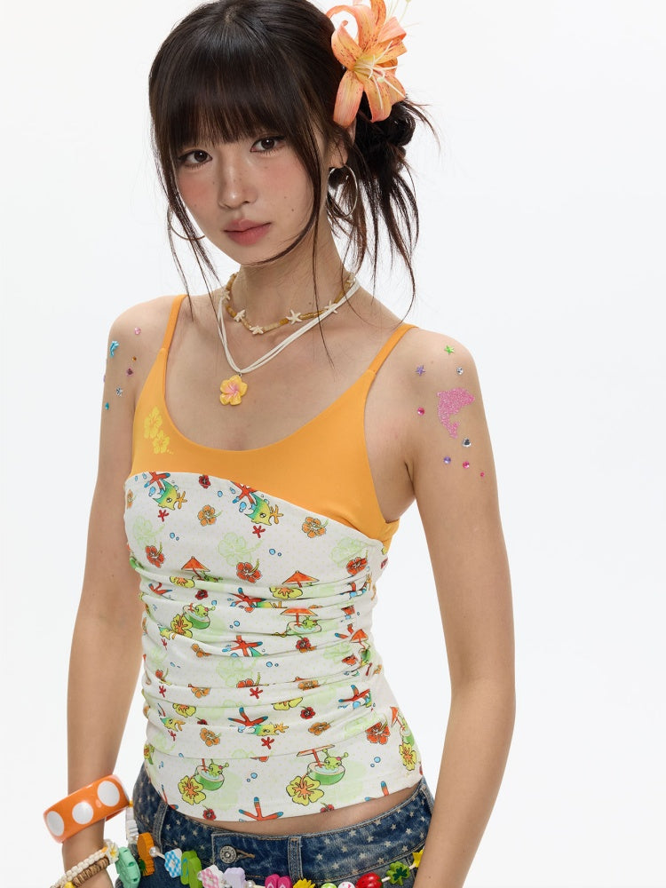Hawaiian Pleated Spliced Contrasting Full Print Camisole【s0000017367】