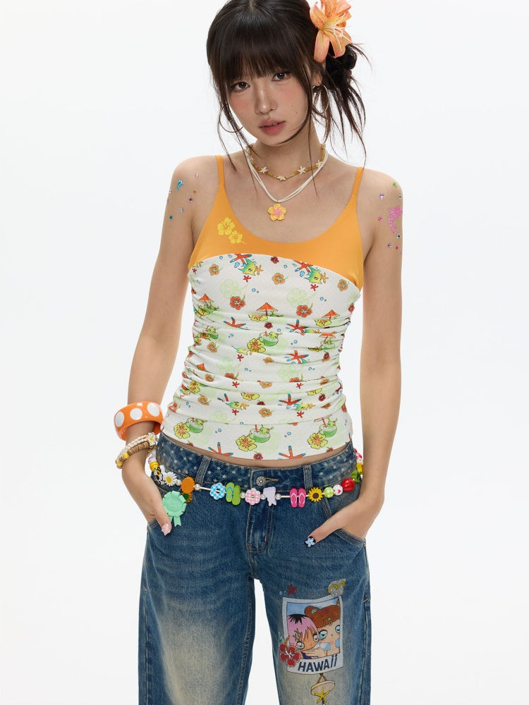 Hawaiian Pleated Spliced Contrasting Full Print Camisole【s0000017367】