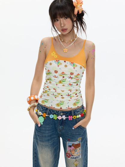 Hawaiian Pleated Spliced Contrasting Full Print Camisole【s0000017367】