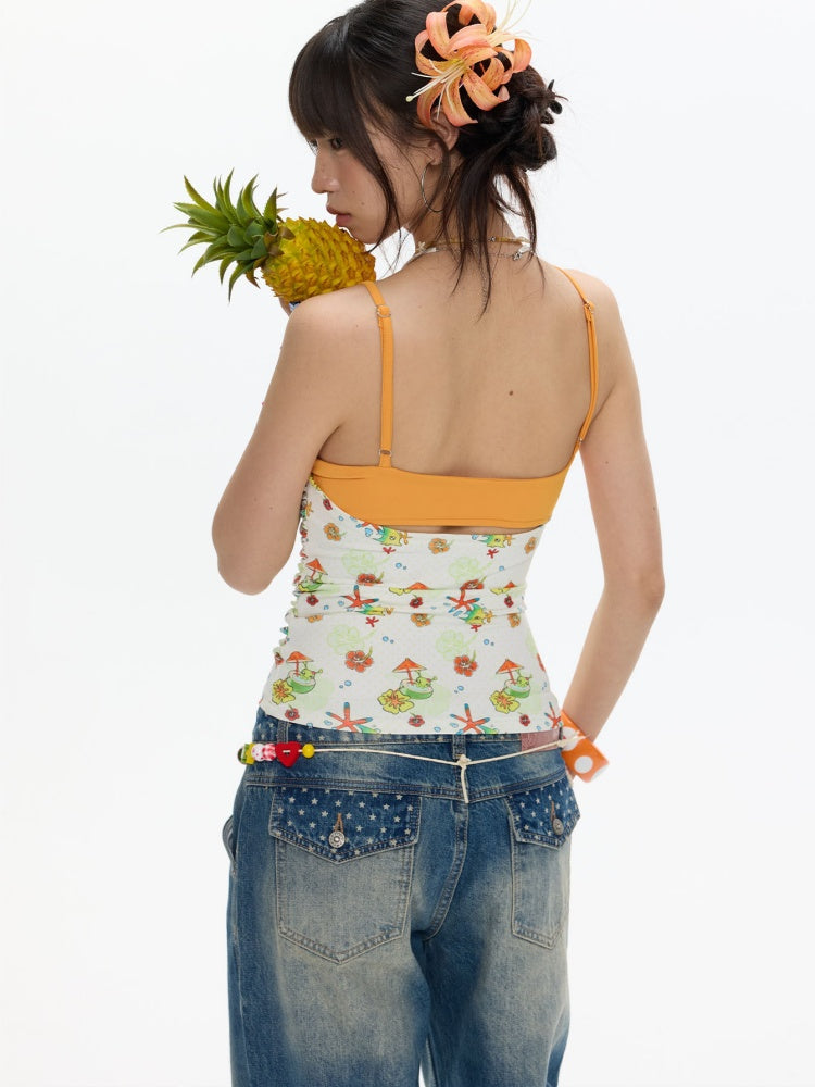 Hawaiian Pleated Spliced Contrasting Full Print Camisole【s0000017367】