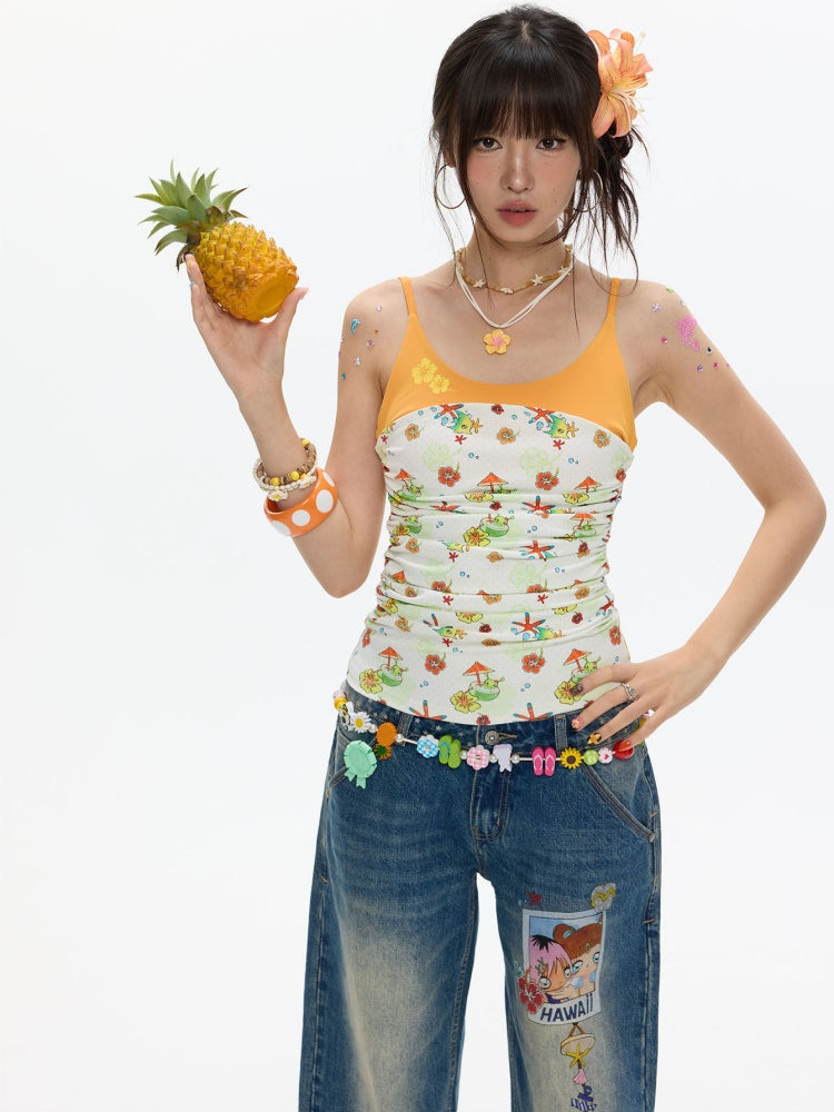 Hawaiian Pleated Spliced Contrasting Full Print Camisole【s0000017367】