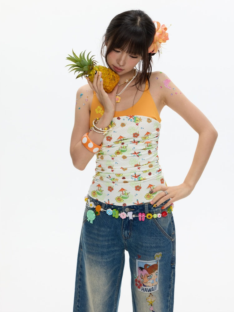 Hawaiian Pleated Spliced Contrasting Full Print Camisole【s0000017367】