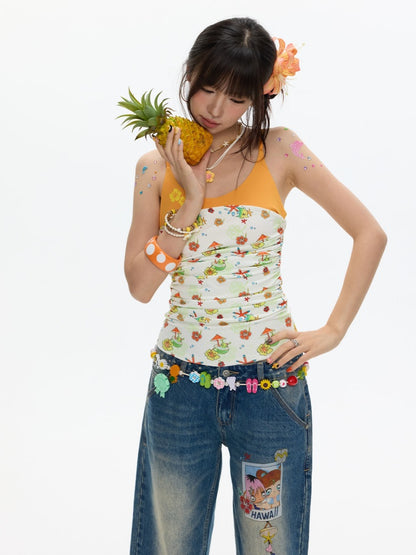Hawaiian Pleated Spliced Contrasting Full Print Camisole【s0000017367】
