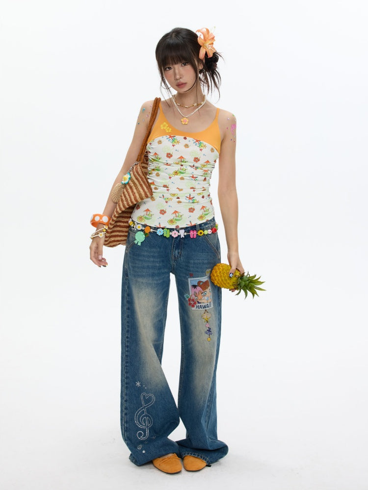 Hawaiian Pleated Spliced Contrasting Full Print Camisole【s0000017367】