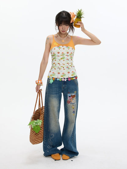 Hawaiian Pleated Spliced Contrasting Full Print Camisole【s0000017367】