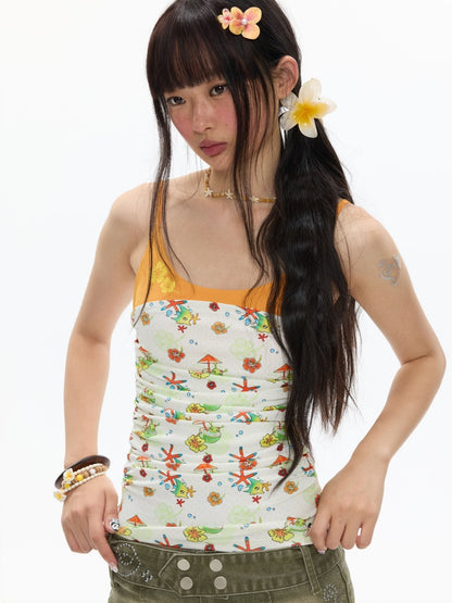 Hawaiian Pleated Spliced Contrasting Full Print Camisole【s0000017367】