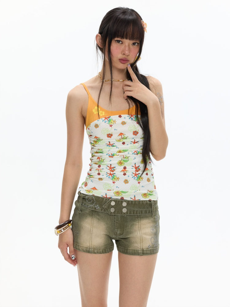 Hawaiian Pleated Spliced Contrasting Full Print Camisole【s0000017367】