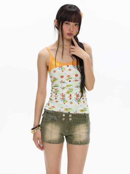 Hawaiian Pleated Spliced Contrasting Full Print Camisole【s0000017367】