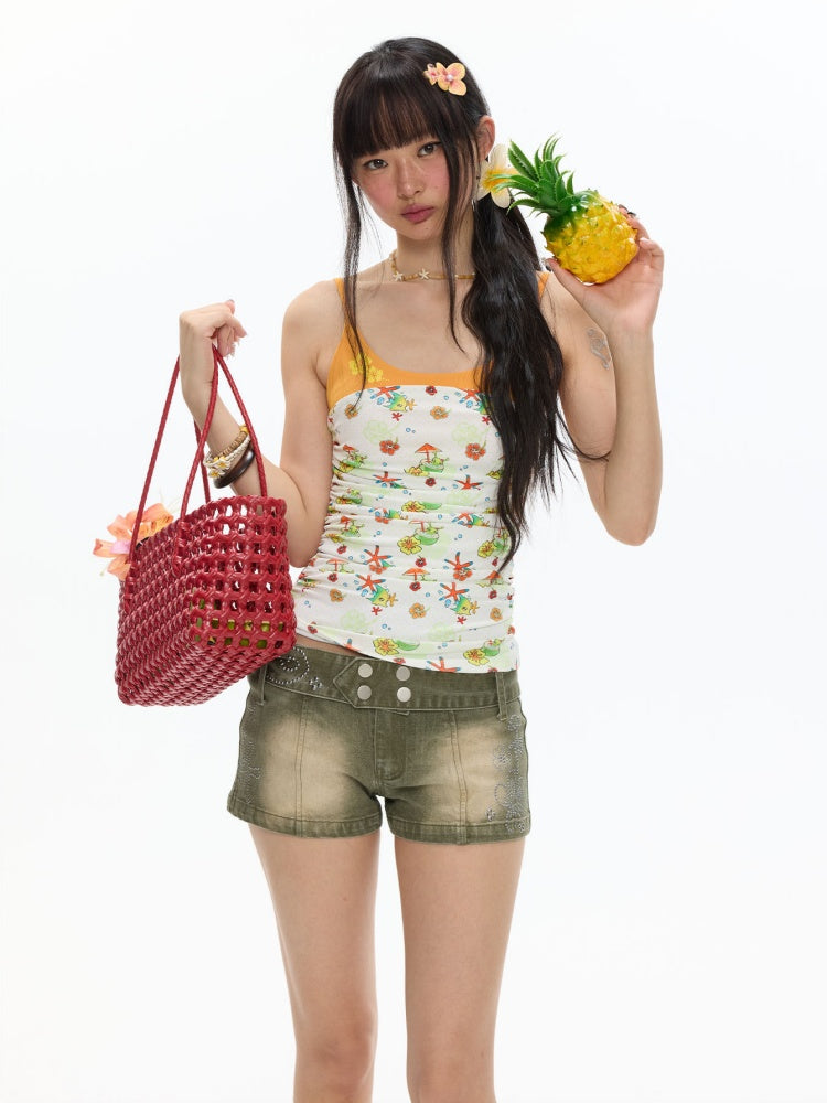 Hawaiian Pleated Spliced Contrasting Full Print Camisole【s0000017367】
