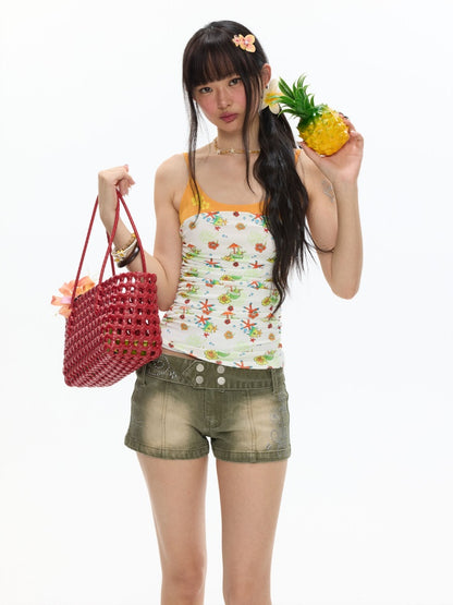Hawaiian Pleated Spliced Contrasting Full Print Camisole【s0000017367】