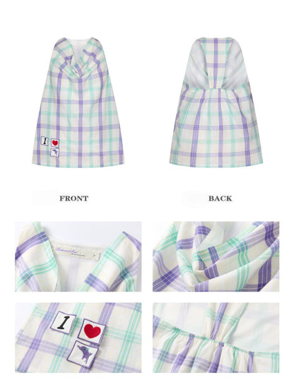I Love Dolphin Plaid Cute Hanging Neck Shirt【s0000017368】
