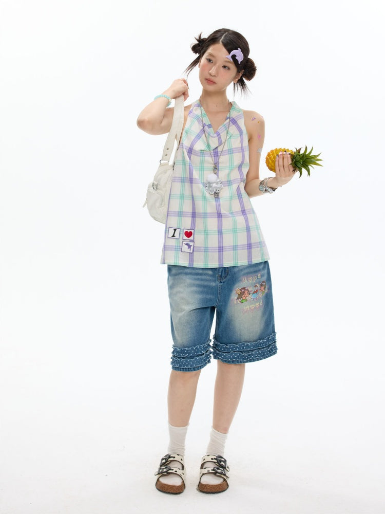 I Love Dolphin Plaid Cute Hanging Neck Shirt【s0000017368】