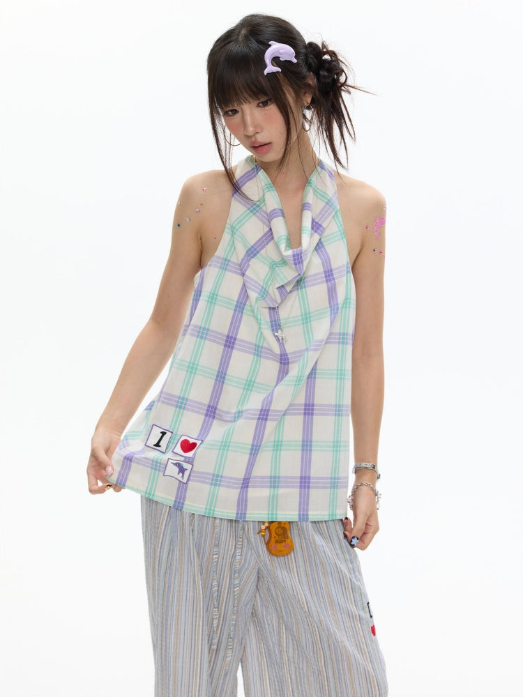 I Love Dolphin Plaid Cute Hanging Neck Shirt【s0000017368】