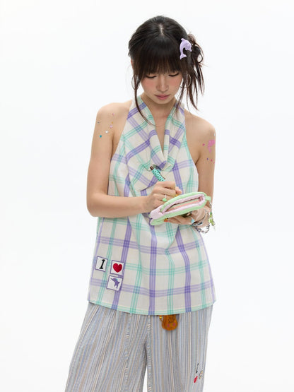 I Love Dolphin Plaid Cute Hanging Neck Shirt【s0000017368】