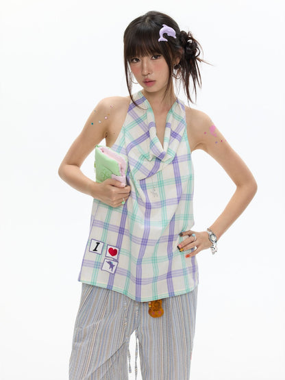 I Love Dolphin Plaid Cute Hanging Neck Shirt【s0000017368】