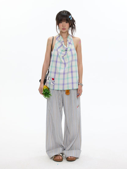 I Love Dolphin Plaid Cute Hanging Neck Shirt【s0000017368】