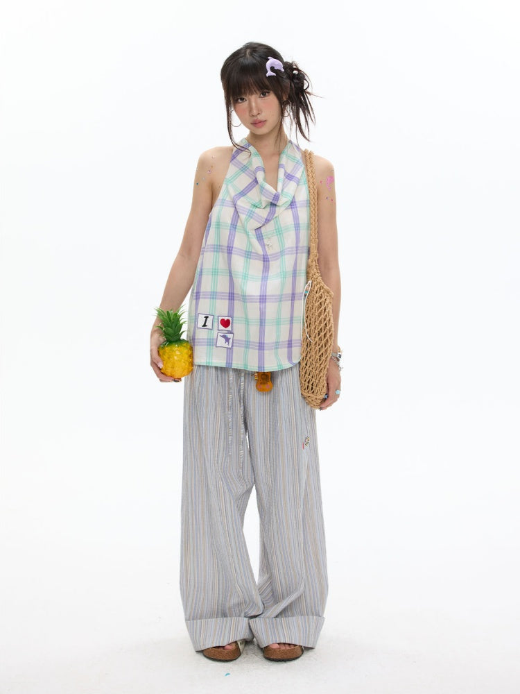I Love Dolphin Plaid Cute Hanging Neck Shirt【s0000017368】