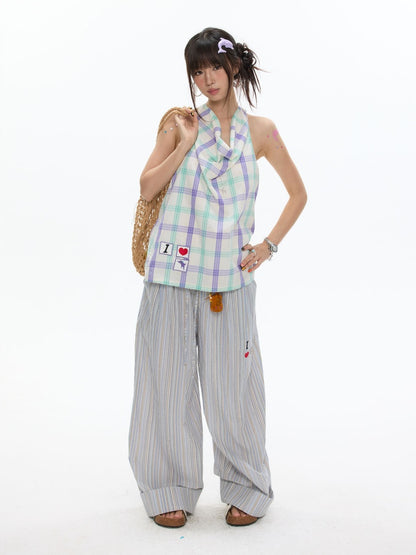 I Love Dolphin Plaid Cute Hanging Neck Shirt【s0000017368】