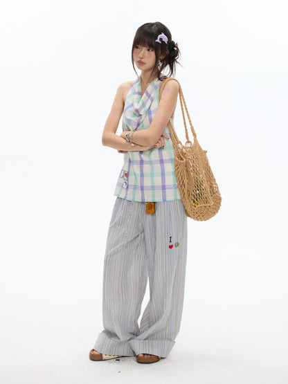 I Love Dolphin Plaid Cute Hanging Neck Shirt【s0000017368】