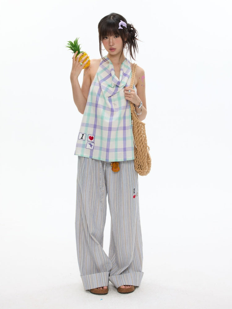 I Love Dolphin Plaid Cute Hanging Neck Shirt【s0000017368】