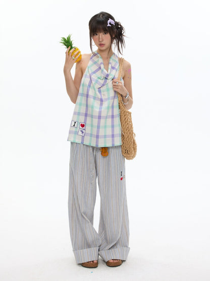 I Love Dolphin Plaid Cute Hanging Neck Shirt【s0000017368】