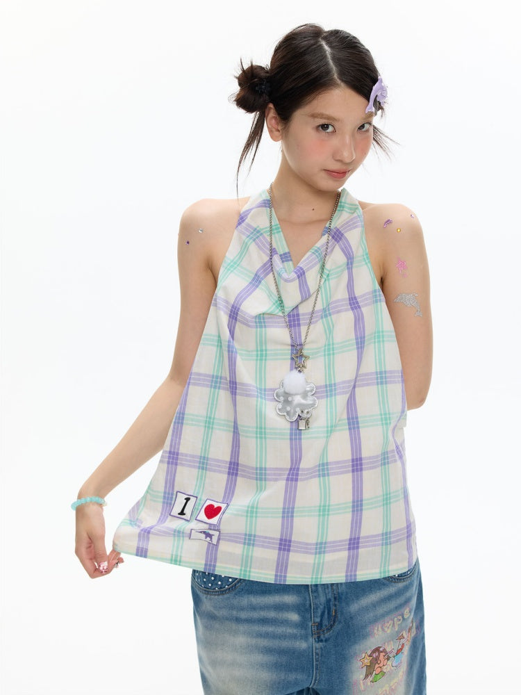 I Love Dolphin Plaid Cute Hanging Neck Shirt【s0000017368】