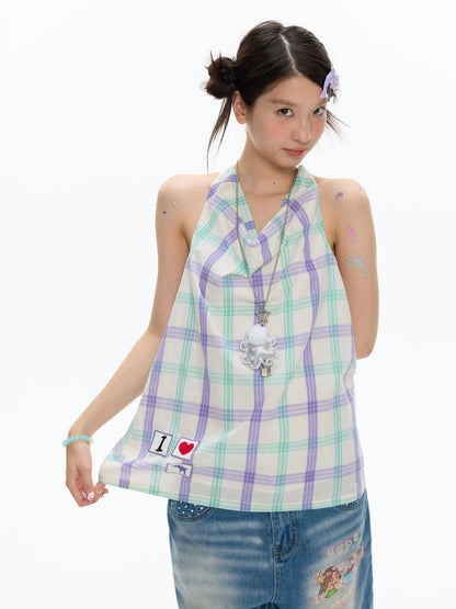 I Love Dolphin Plaid Cute Hanging Neck Shirt【s0000017368】