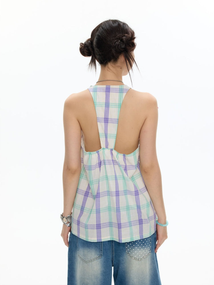 I Love Dolphin Plaid Cute Hanging Neck Shirt【s0000017368】